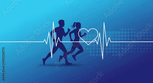 Energetic Couple Running With Heartbeat Line and Heart Symbol