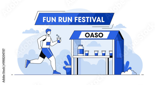 Energetic Runner Approaching Refreshment Stand During Fun Run Festival Recreation