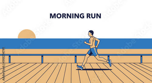 Energetic Runner Approaching Sunrise After Morning Run Along the Boardwalk