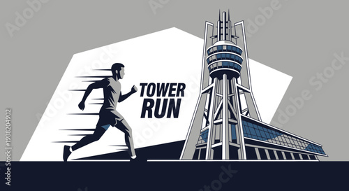 Energetic Runner Approaching Tower for High-Speed Sport Marathon Event illustration