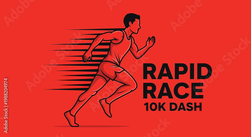 Energetic Athlete in Motion, Rapid Race Event, 10K Dash, Red Background Graphic
