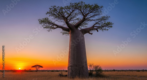 Baobab Tree at Sunset Over Grassland
