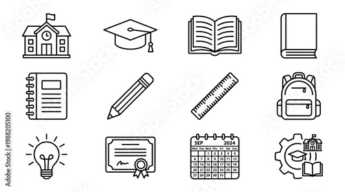 Education and School Themed Hand Drawn Line Icon Set.