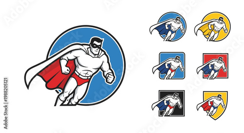 A superhero logo with multiple color variations.