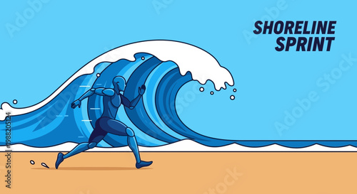 Energetic Figure Sprinting Away From a Towering Ocean Wave in a Vivid Illustration