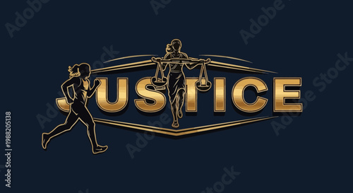 Elegant Justice Design Depicting Running Figures Symbolizing Fairness and Legal Concepts