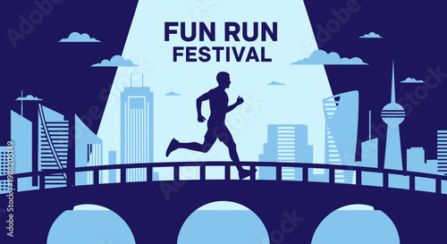 Energetic Runner Celebrates City Fun Run Festival With Vibrant Sky and Skyline Scenery Illustration