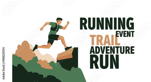 Energetic Athlete Leaping Over Terrain, Trail Run Event Represented In Graphic Style