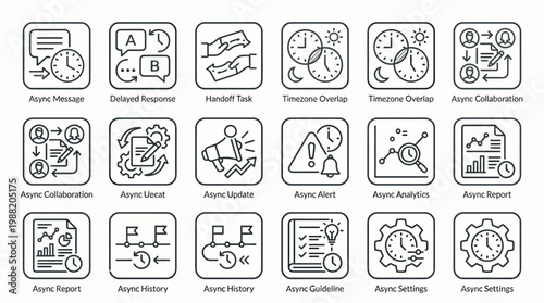 Hand drawn asynchronous work and communication line icon set featuring business collaboration and productivity symbols.