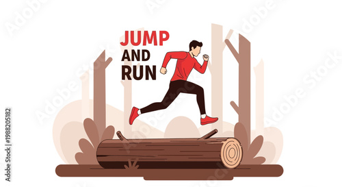 Energetic Athlete Leaping Over Log in Wooded Area, Achieving Peak Physical Performance