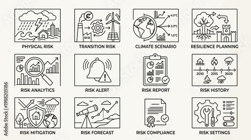 Hand Drawn Icons for Climate Risk Management and Environmental Analytics Concepts.