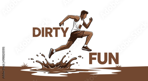 Energetic Athlete Leaping Through Mud, Celebrating Recreational Outdoor Adventure
