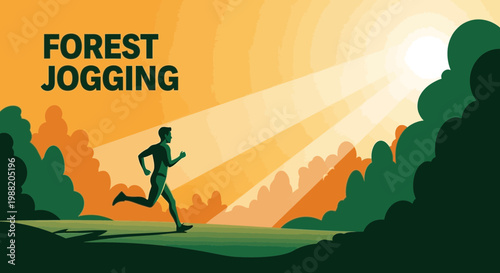 Energetic Forest Runner Silhouetted Amidst Sunlight Rays and Lush Greenery Design