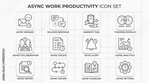 Asynchronous Work Productivity Icon Set Featuring Twelve Minimalist Line Art Symbols for Remote Teams.