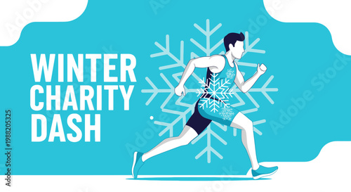 Dynamic Winter Charity Dash Event Illustration With Snowflake Motifs