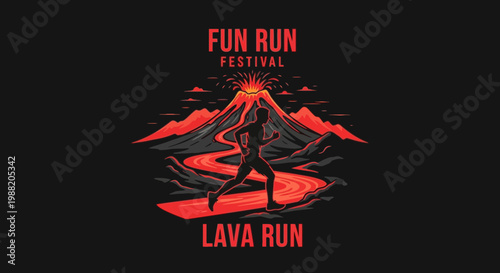 Energetic Fun Run Festival Featuring A Runner Amidst A Fiery Volcano Landscape