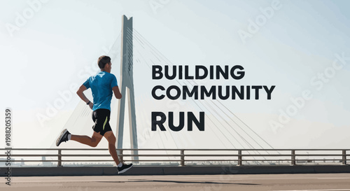 Energetic Runner Crossing Bridge: Building Community Run for Fitness Goals