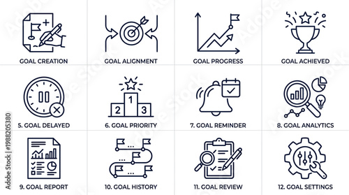 Business and personal goal management line icons set including achievement and progress.