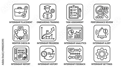 Internship Management Icons Set for Business and Education.