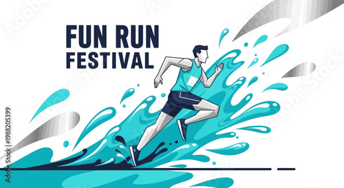 Energetic Fun Run Festival Illustration Depicting a Runner Bursting Through Vibrant Water