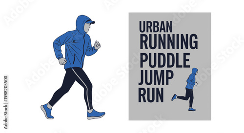 Energetic Runner Dodging Puddles in Urban Environment, Sporty and Dynamic Illustration
