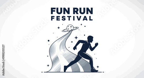 Energetic Runner Silhouetted at Fun Run Festival with Futuristic Cosmic Elements Illustration