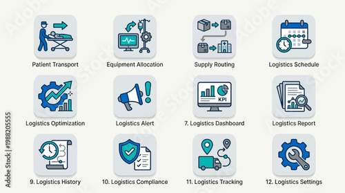 Logistics Management Icons Set for Healthcare and Business Operations.