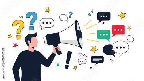 Man in a dark shirt uses a megaphone to broadcast messages amidst colorful speech bubbles and stars representing active communication and marketing.