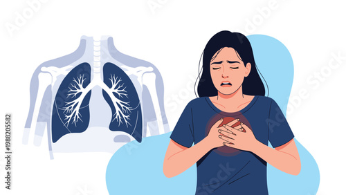 Concerned woman holding her chest experiencing heart or lung pain shown alongside a medical diagram of human respiratory anatomy.