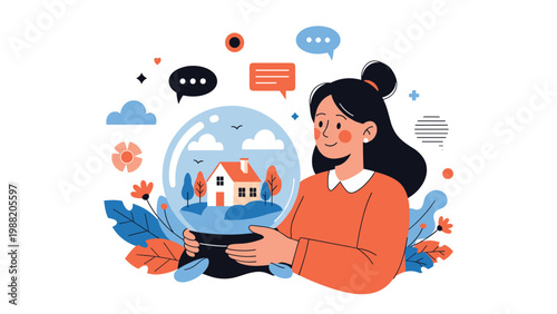 Smiling woman holds a large crystal ball containing a dream house signifying future home ownership goals and real estate predictions.