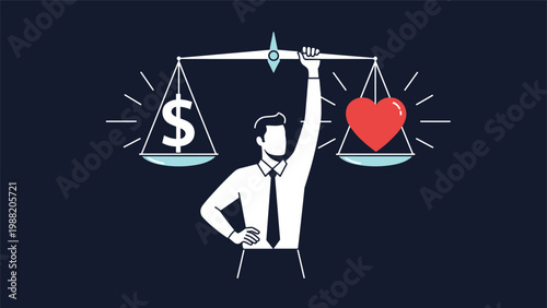 Businessman in a tie holds up a balance scale comparing a dollar sign to a large red heart symbolizing work-life balance and values.
