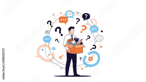 Confused man holds a cardboard box full of office supplies surrounded by question marks representing job loss, relocation, or career change.