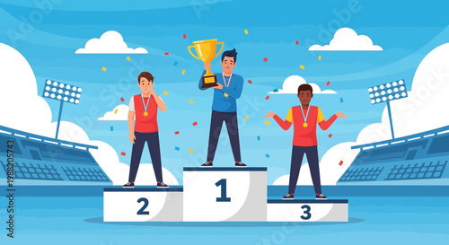 Emotional Podium Scene Depicting Three Athletes with Varied Feelings After Competition
