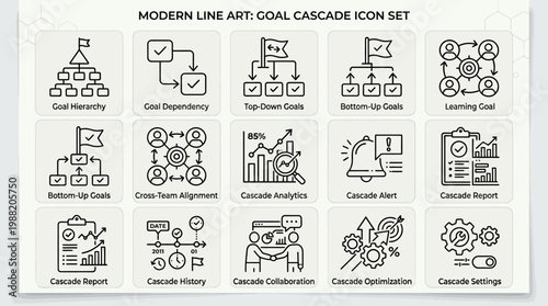 Modern Line Art Goal Cascade Icon Set for Business Strategy and Planning.