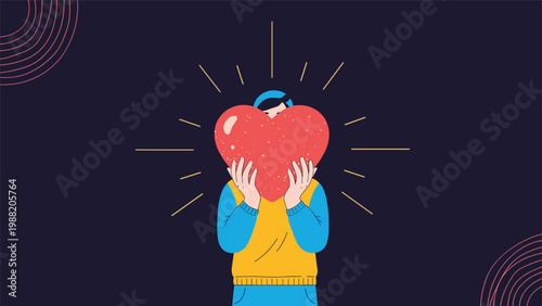 Person in a yellow sweater hides their face behind a large red heart with glowing rays of light emanating from the center on a dark background.