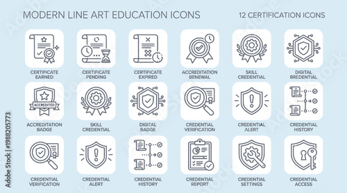 Modern Line Art Education and Certification Icons Collection.