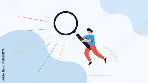 Dynamic man leaps through the air holding a giant magnifying glass representing search, investigation, discovery, and finding new details.