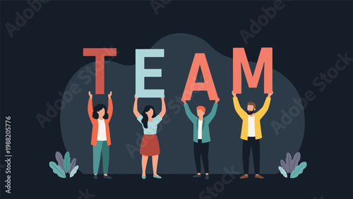 Group of diverse men and women hold up large colorful letters that spell the word team signifying unity and collective effort.