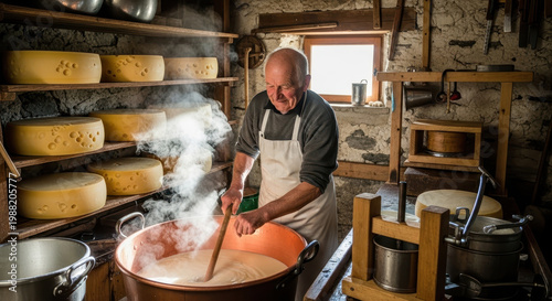 Man stirring cheese in a rustic kitchen surrounded by large wheels of cheese