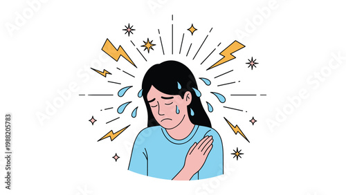 Anxious woman in a blue shirt is sweating heavily with lightning bolts and stars around her head representing a panic attack or extreme stress.