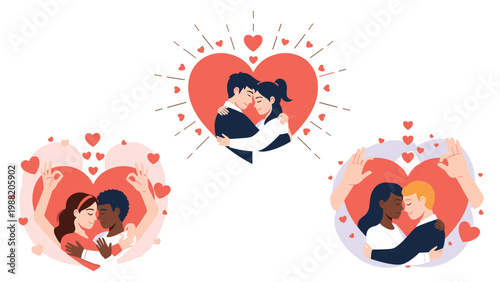 Various diverse couples embrace each other with affection inside large red heart shapes decorated with smaller hearts and light rays.