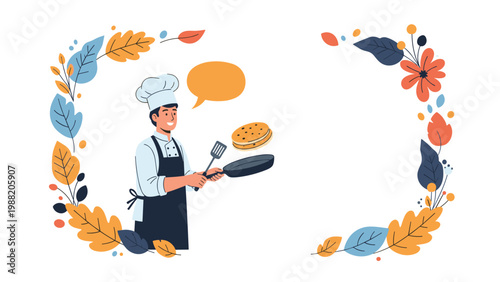 Smiling chef in uniform flips a pancake in a frying pan while surrounded by a decorative autumn leaf and floral wreath.