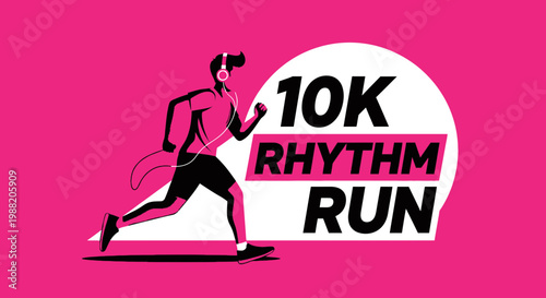 Energetic Runner Engaged in 10K Rhythm Run with Headphones and Pink Backdrop Design