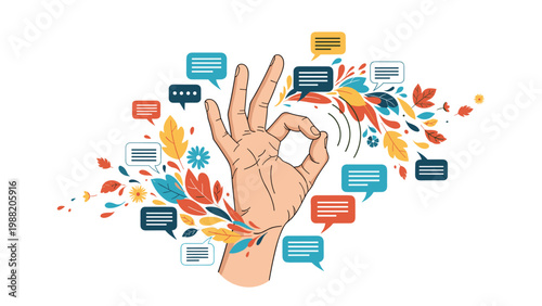 Hand making an OK gesture is surrounded by colorful autumn leaves and various chat bubbles against a clean white background.