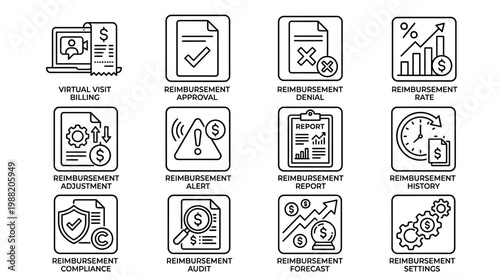 Collection of Business and Finance Icons for Reimbursement Processes.