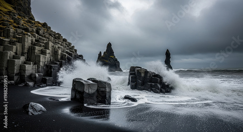 Waves crashing against volcanic rock formations under stormy skies