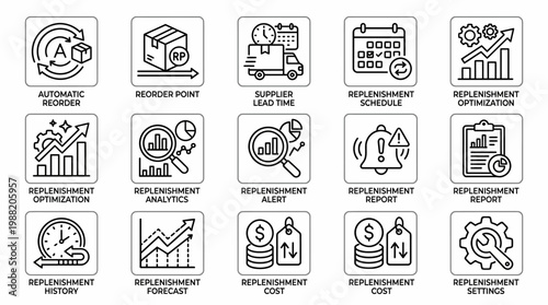 Replenishment and Supply Chain Management Icon Set for Business Logistics and Inventory Control.