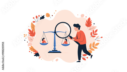 Man uses a large magnifying glass to inspect two small figures of women balanced on a scale against a floral background.