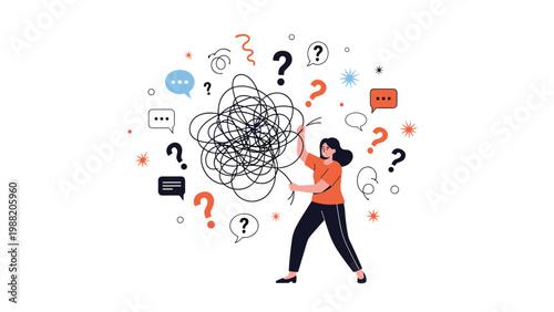Confused woman tries to find the end of a massive tangled knot of black lines surrounded by question marks and icons.