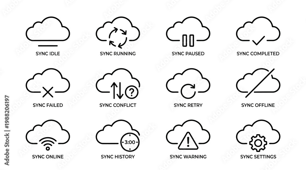 Obraz premium Collection of Cloud Sync Icons for Data Storage and Synchronization Status.